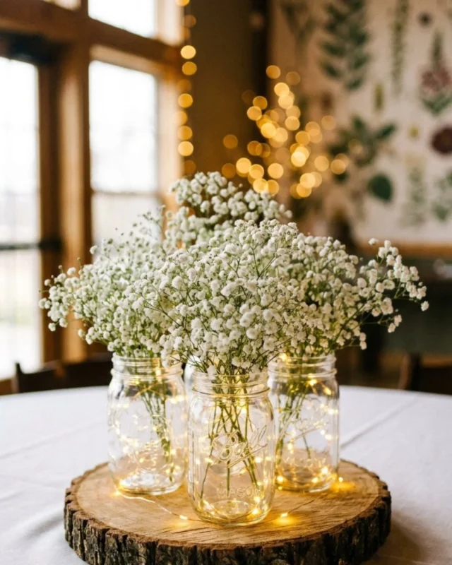 Ball Mason Jar rustic wedding centerpiece with flowers and LED lights
