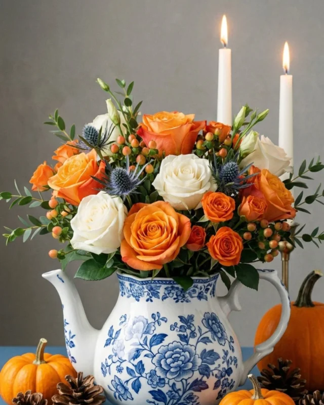 Blue floral teapot centerpiece with orange roses, white peonies, thistle, pumpkins, and candles