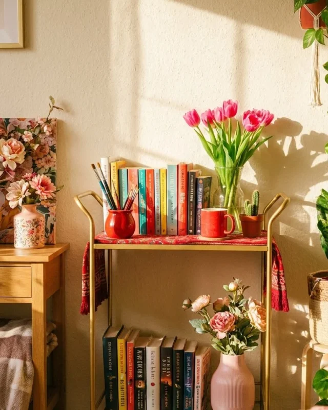 Cozy book cart decorated with plants and colorful book covers.