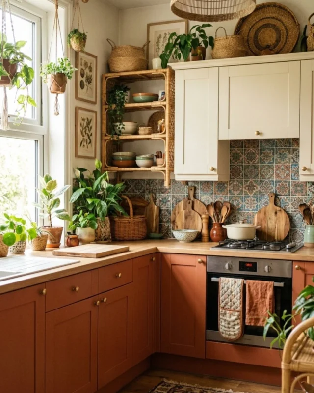 Bright boho kitchen cabinets featuring bold colors and terracotta accents.