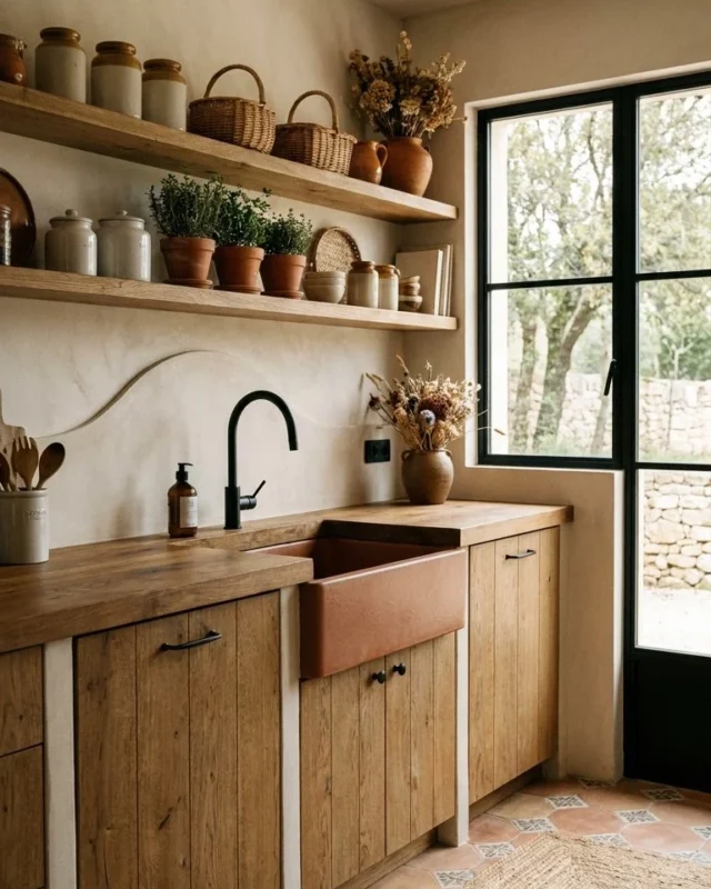 Colorful minimalist kitchen with terracotta cabinets and wooden countertop