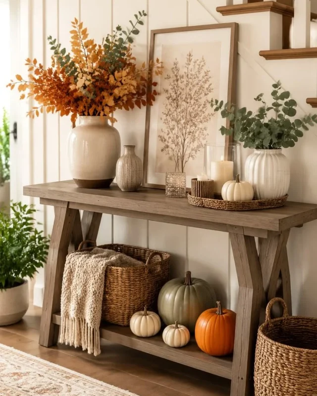Cozy fall entryway decor with pumpkins and warm accents