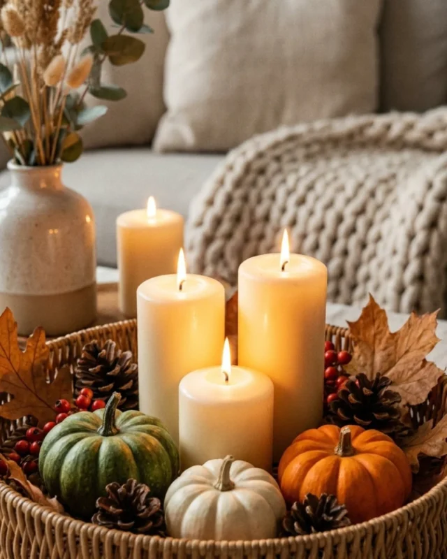 Cozy fall table centerpiece with pumpkins and candles for autumn decor
