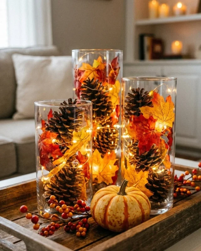 Cozy fall table decor featuring pinecones and autumn leaves in glass vases.