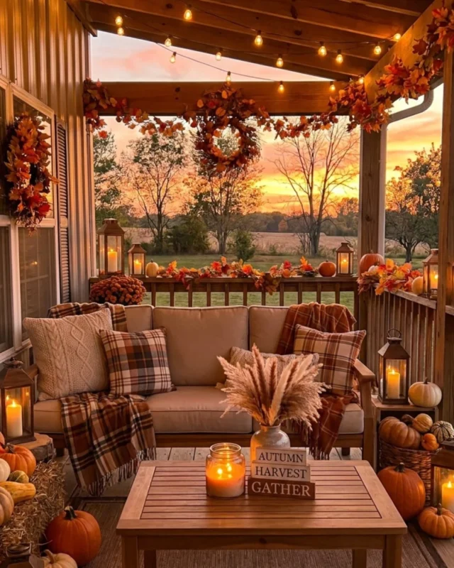 Cozy farmhouse fall decor ideas for an inviting autumn evening atmosphere