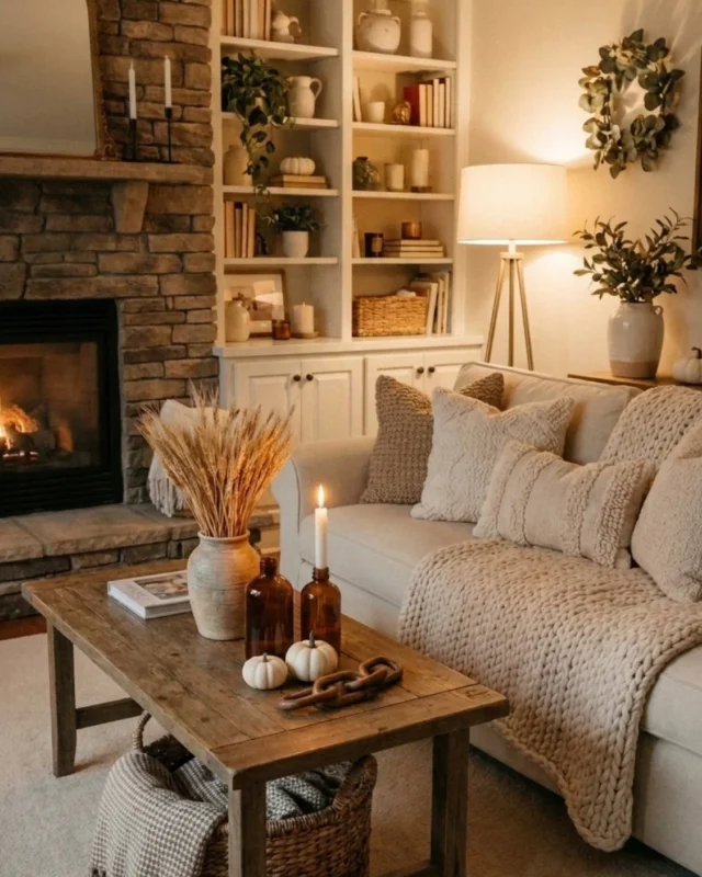 Cozy luxury fall living room decor featuring warm colors and stylish accents.