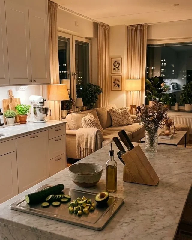 Dream cozy kitchen with warm colors and inviting living room space