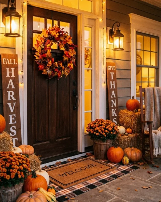 Beautifully decorated fall porch with pumpkins, leaves, and cozy decor elements.