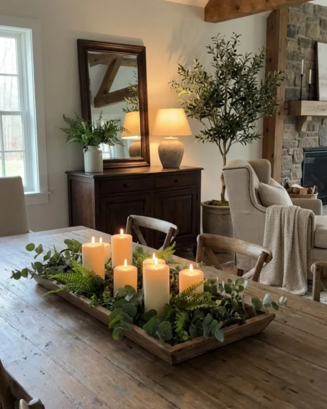 Extra large rustic wood dough bowl used as a centerpiece