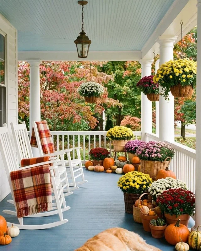 Beautifully decorated fall porch with pumpkins, wreaths, and autumn decorations