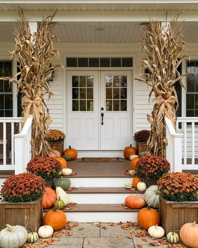 Colorful fall porch steps decorated for autumn in a charming farmhouse style.