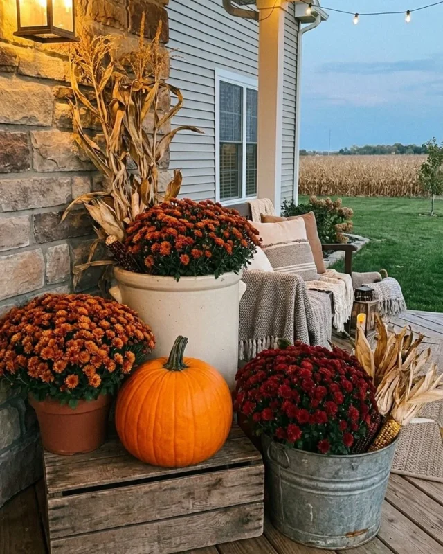 Halloween front door decor with pumpkins and branches display