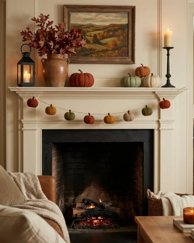 Handmade pumpkin punchneedle Halloween banner for fall mantel decor
