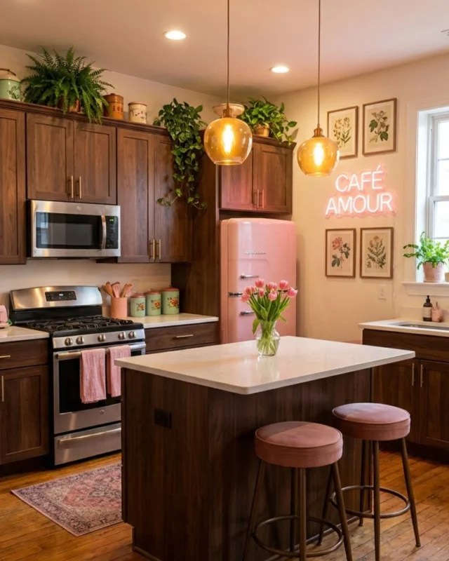 Cozy eclectic kitchen with unique decor and warm lighting