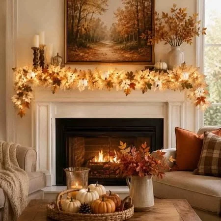LED Maple Leaf Garland with orange faux fall leaves for Halloween and Thanksgiving decor.