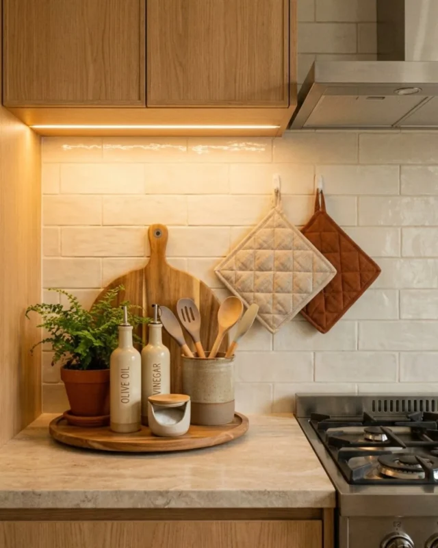 Stylishly arranged modern kitchen counter with decor and functional items