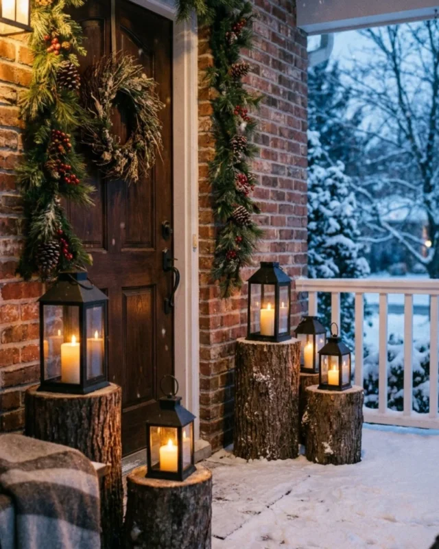 Outdoor Christmas garden decor featuring rustic lanterns and pinecones on a winter porch