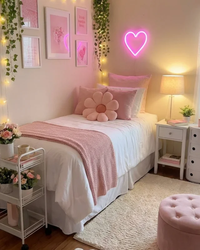 Stylish pink college dorm room decor featuring pillows, wall art, and accessories.