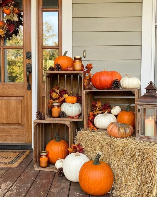 Rustic pumpkin crates displayed on a porch for Thanksgiving decor