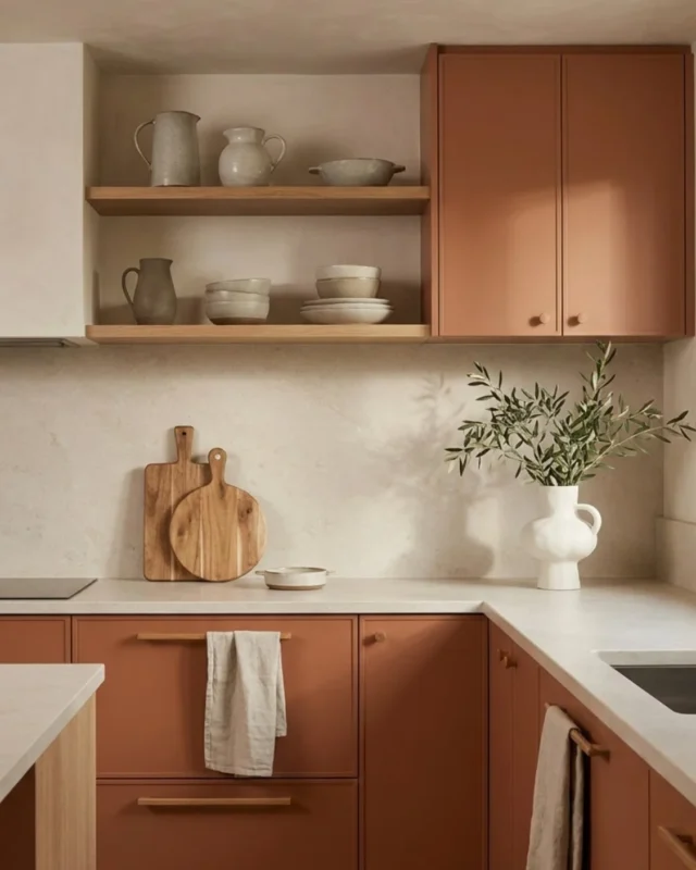 Rust-colored kitchen cabinets with white countertops in a modern kitchen design.