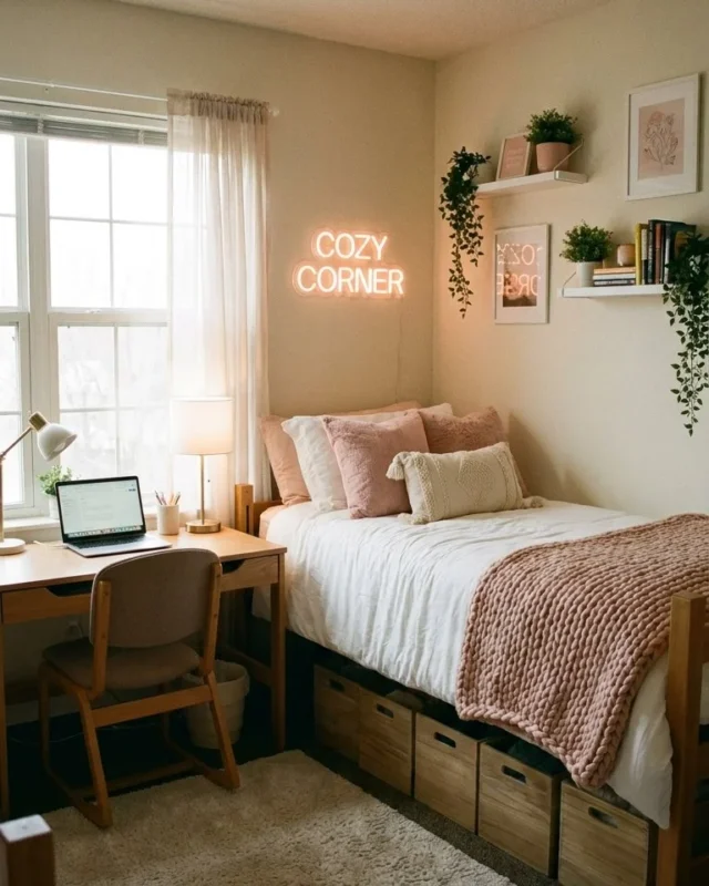 Creative space-saving tricks for organizing a small dorm room efficiently.