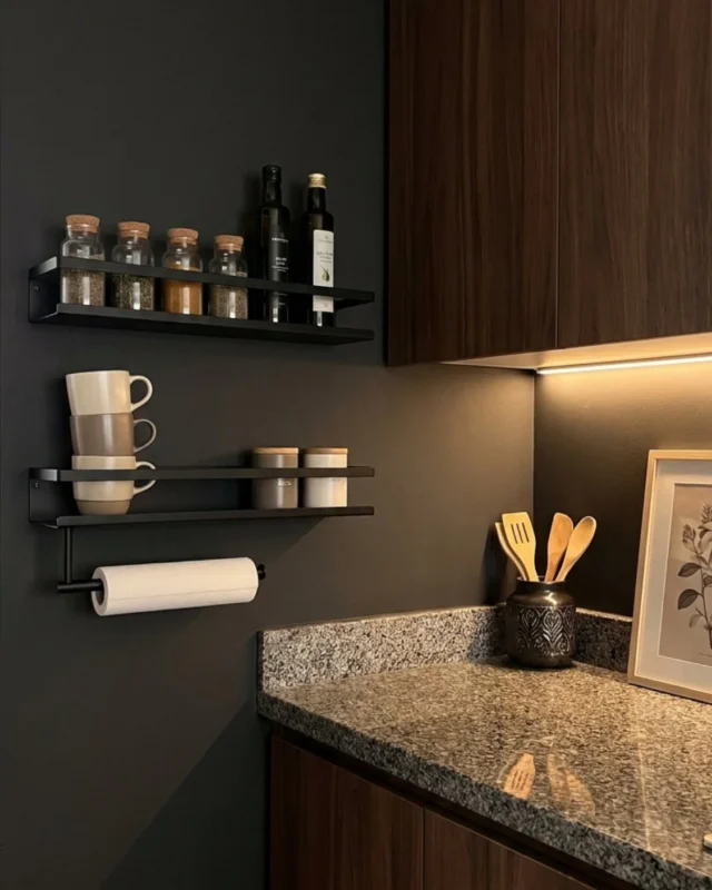Magnetic shelves styled on a fridge for organization and decor