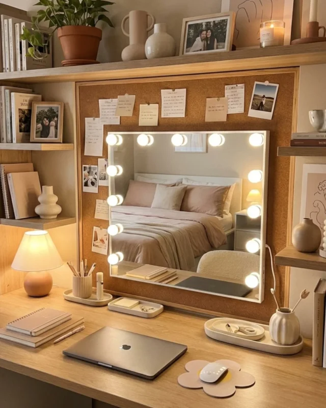Stylish dorm desk setup featuring organized workspace and dorm decor ideas.
