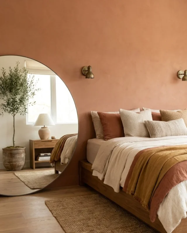 Cozy terracotta bedroom featuring warm wall accents and stylish decor.