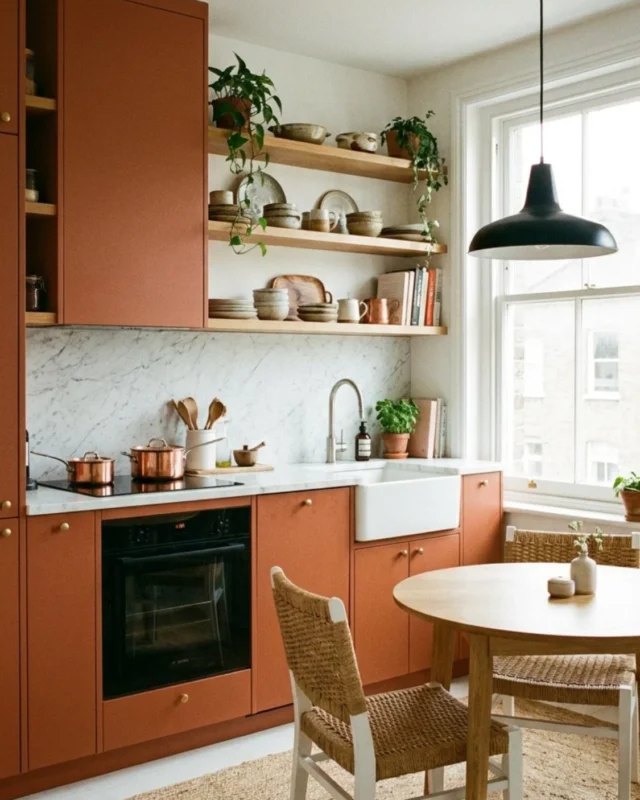 Cozy modern terracotta kitchen with earthy tones and inviting decor