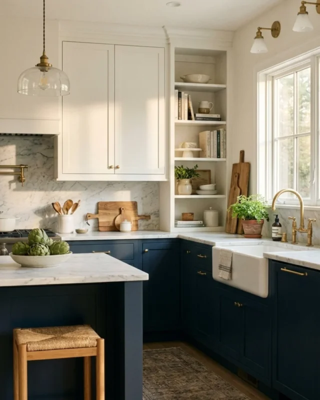 Elegant two-tone kitchen design with contrasting cabinetry and modern decor.
