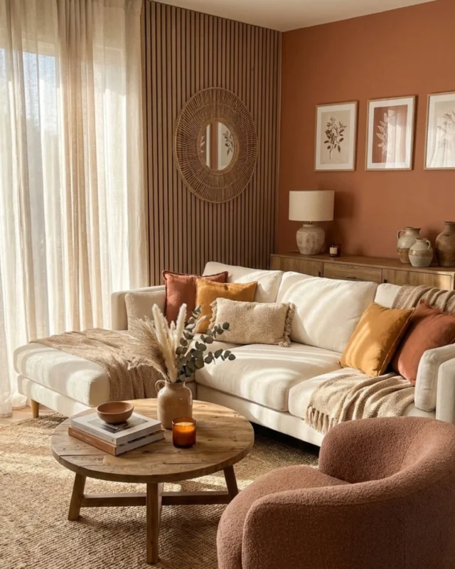 Warm earthy living room ideas with terracotta tones and a boucle accent chair.