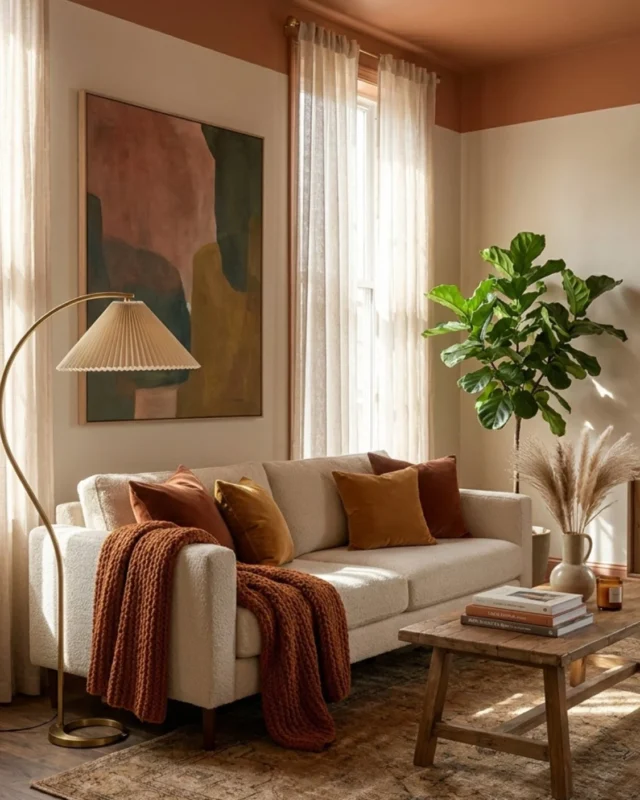 Cozy terracotta living room with an earthy ceiling design in warm tones.