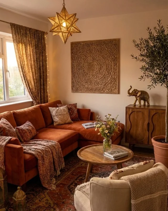 Cozy modern boho terracotta living room decor with warm tones and stylish accents