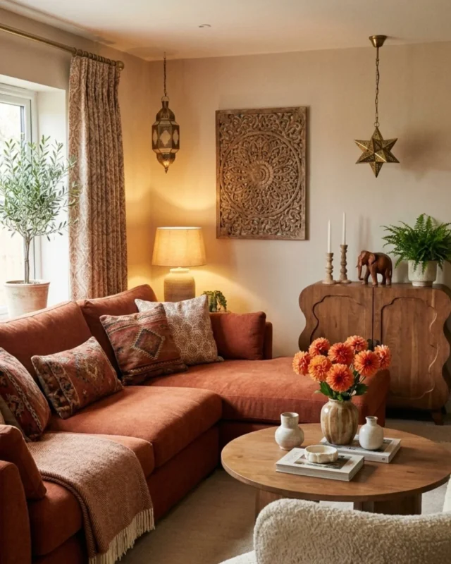 Cozy modern boho terracotta living room inspiration and decor ideas