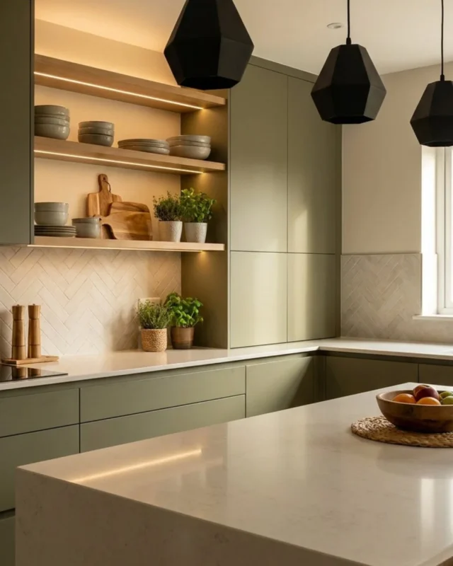 Stylish green kitchen cabinets showcasing a modern kitchen design.