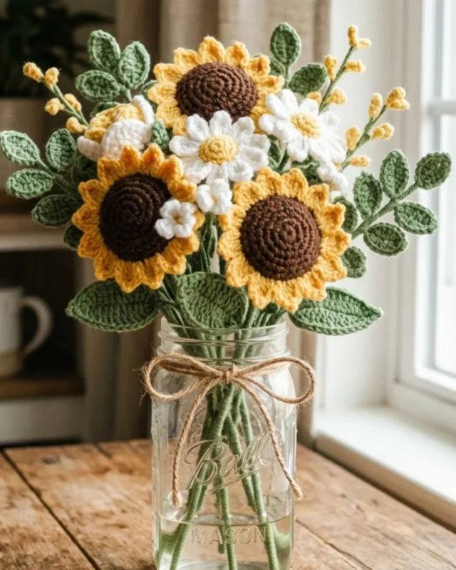 Colorful crochet flower bouquet with a free sunflower pattern for crafting enthusiasts