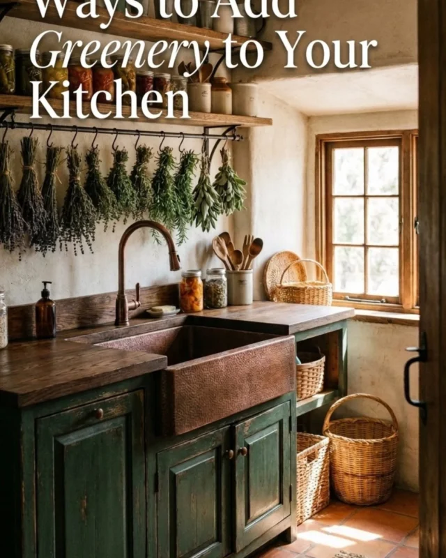 Cozy earthy kitchen featuring apothecary decor and natural elements.