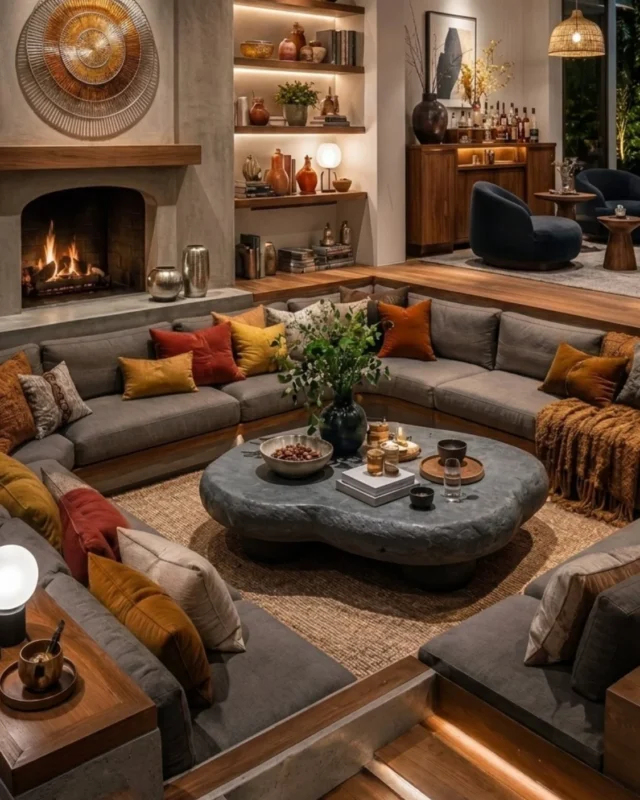 Cozy conversation pit with U-shaped seating in a stylish living room