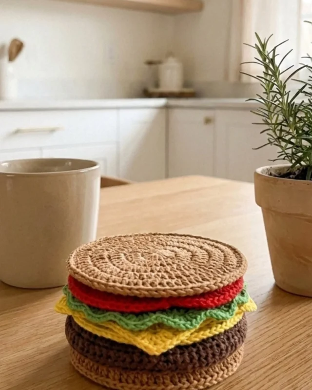 Crochet burger coasters set pattern featuring stackable cheeseburger design.