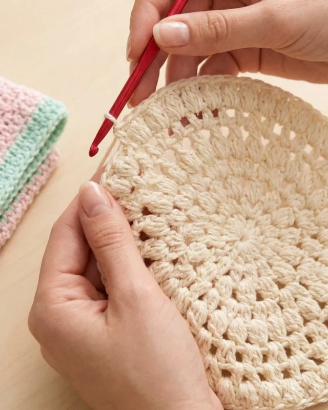 Free pattern for crochet mandala placemat using easy puff stitch rounds.