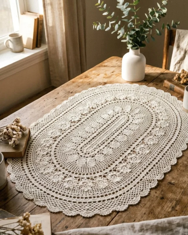 Crochet oval doily table runner showcasing an intricate design in two sizes=