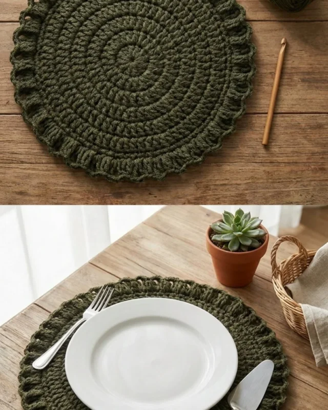 Crochet round placemat free pattern with a lacy border in two sizes=