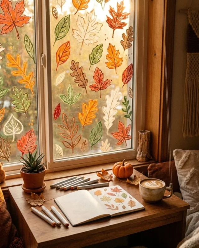 DIY window leaf art decor for welcoming fall with colorful leaves