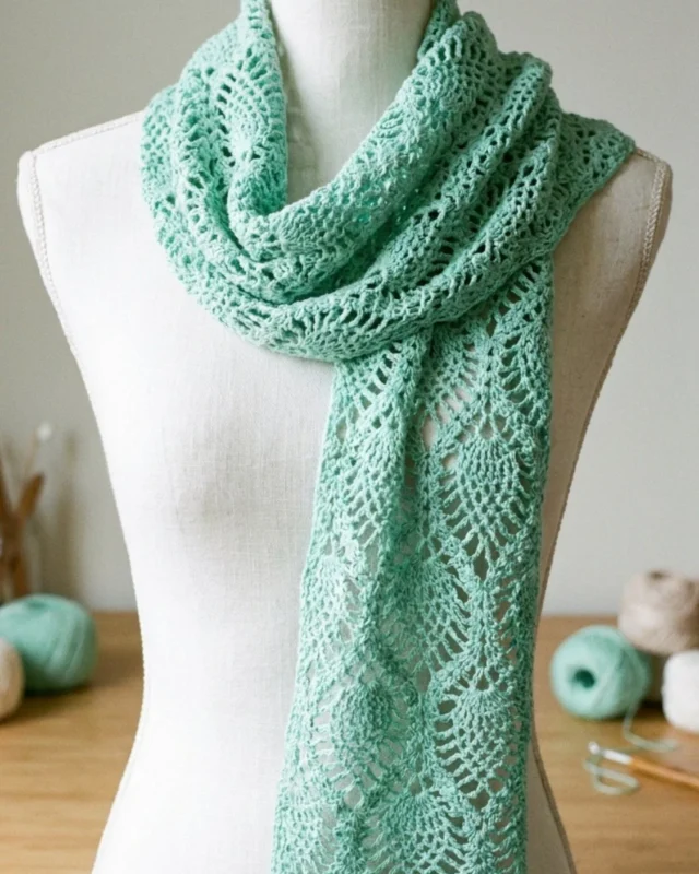 Easy crochet lace scarf pattern for beginners with a 2-row repeat design.