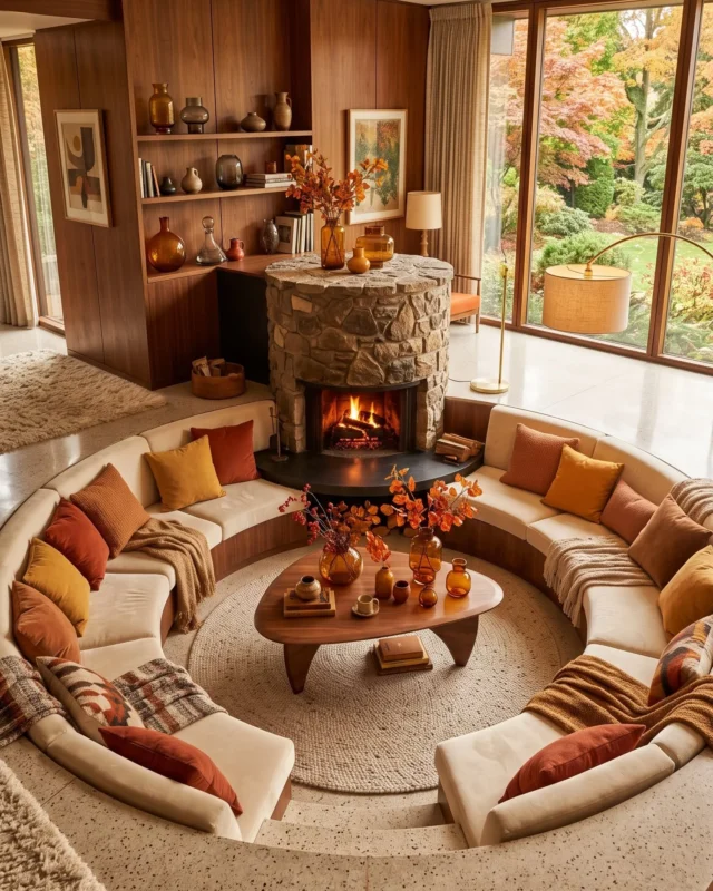 Cozy fall living room decor featuring warm neutrals and decorative pumpkins.