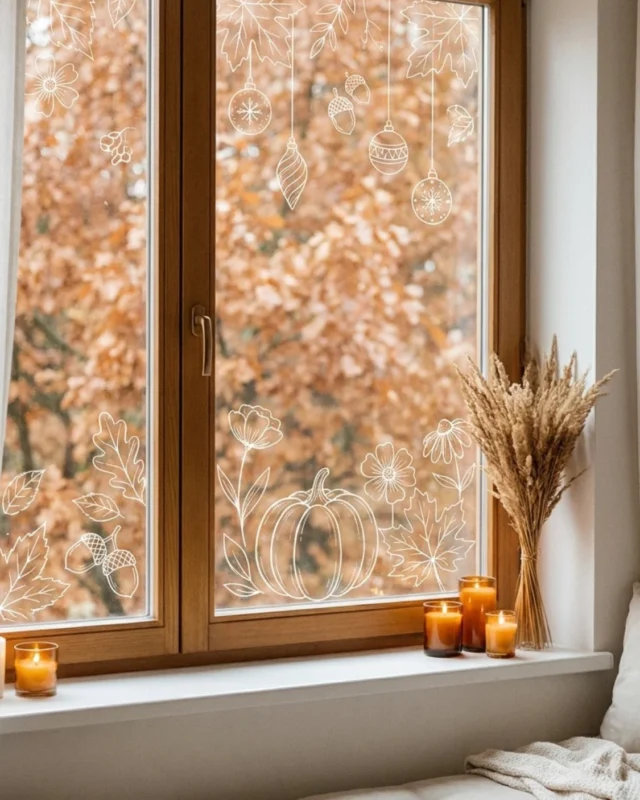 Fall window art displaying colorful leaves and pumpkins for autumn decoration.