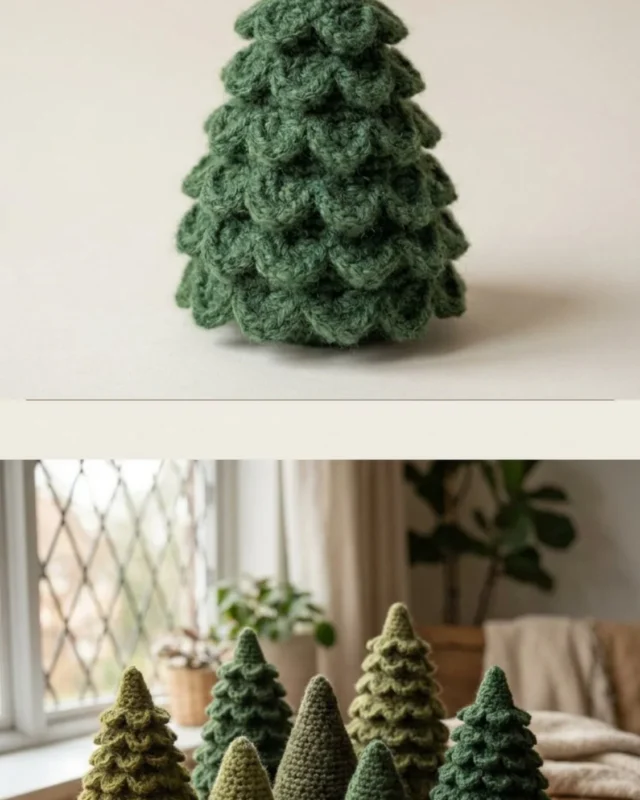 Free crochet Christmas tree pattern - ruffled mini trees for holiday decor.