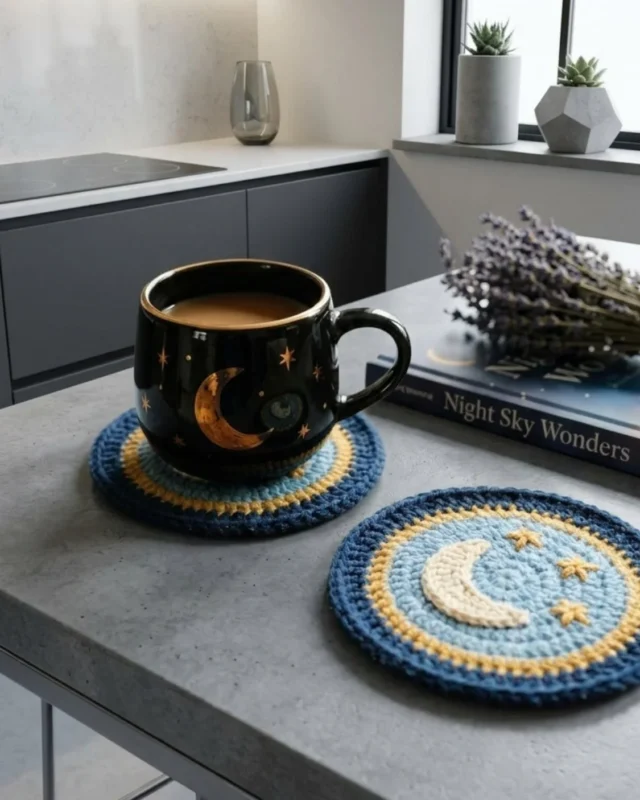 Free crochet moon coaster pattern for celestial witch coasters