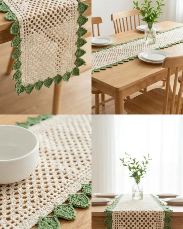 Sage green crochet table runner with leaf border and filet mesh design
