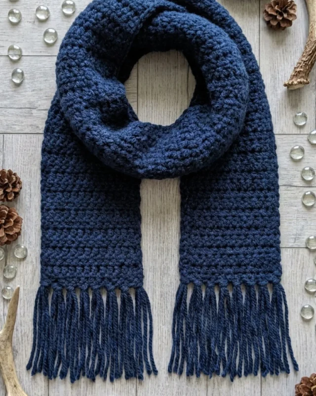 Free pattern for a long textured winter crochet scarf with fringe.